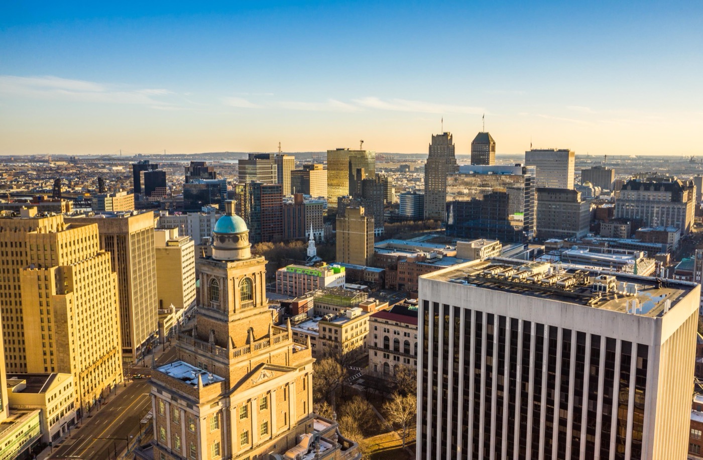 Aerial view of the Newark, New Jersey skyline at sunset