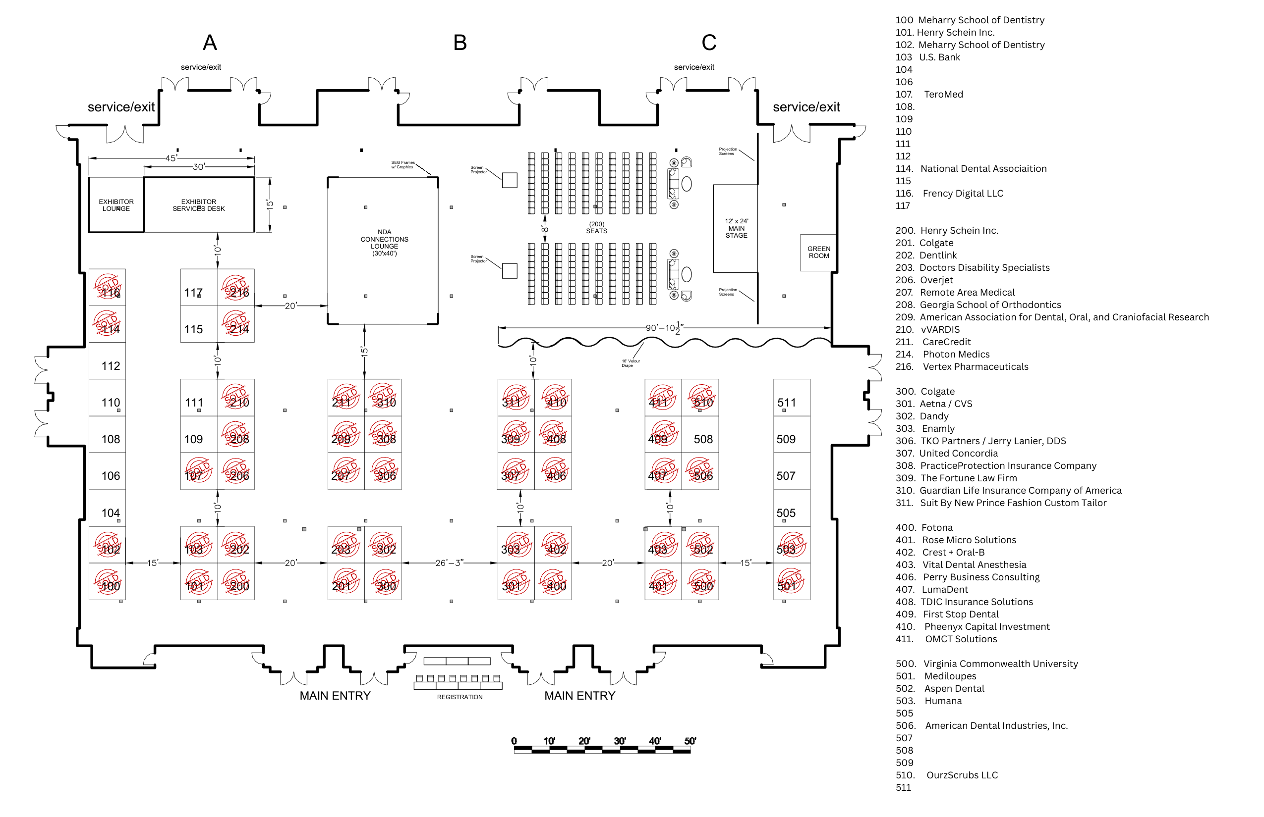 NDA 2026 Convention exhibit hall floor plan, with the booth grid and the numbered exhibitor list